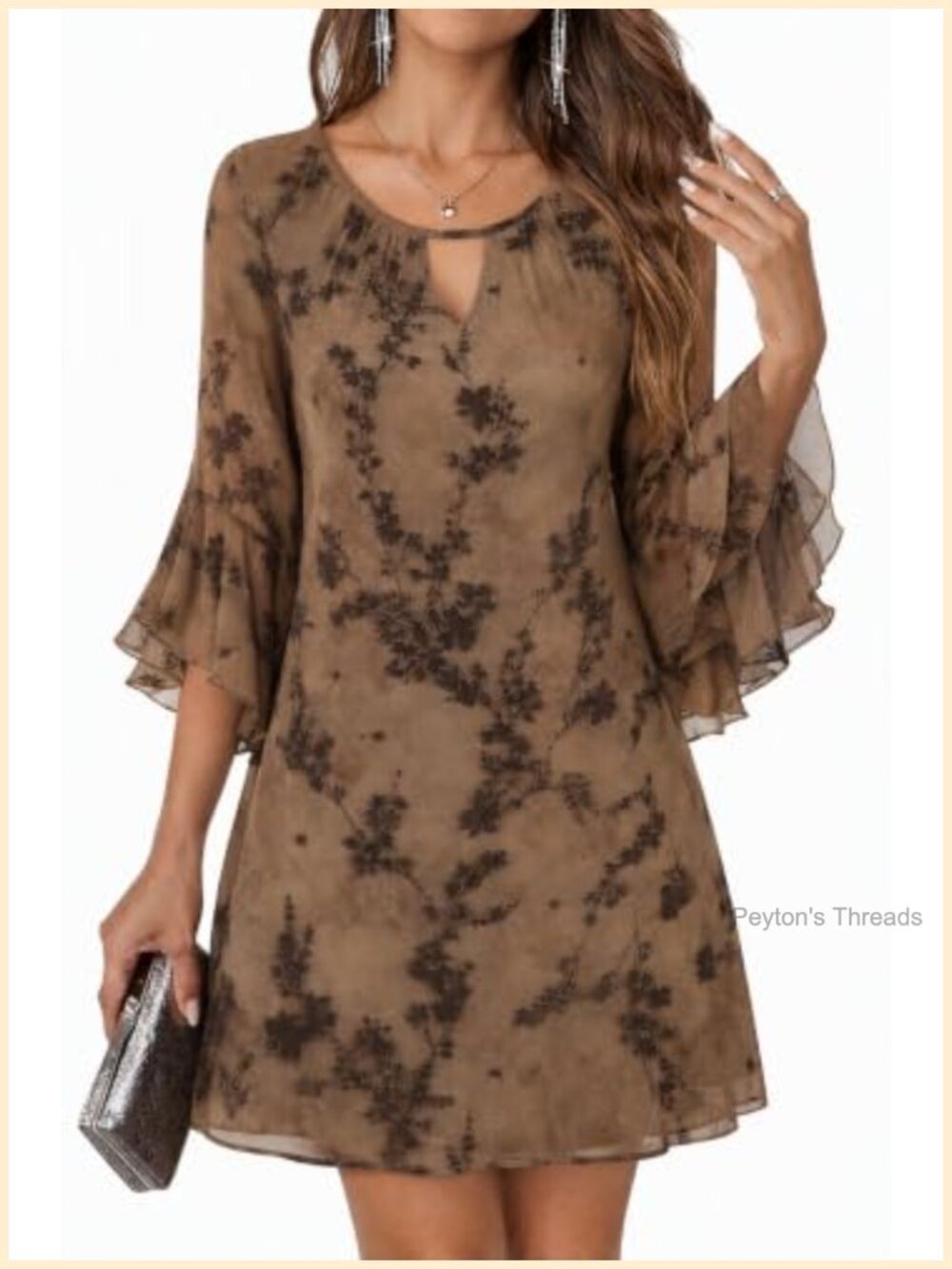 Flocked Floral Mesh 3/4 Bell Sleeve A-Line Semi Formal Dress